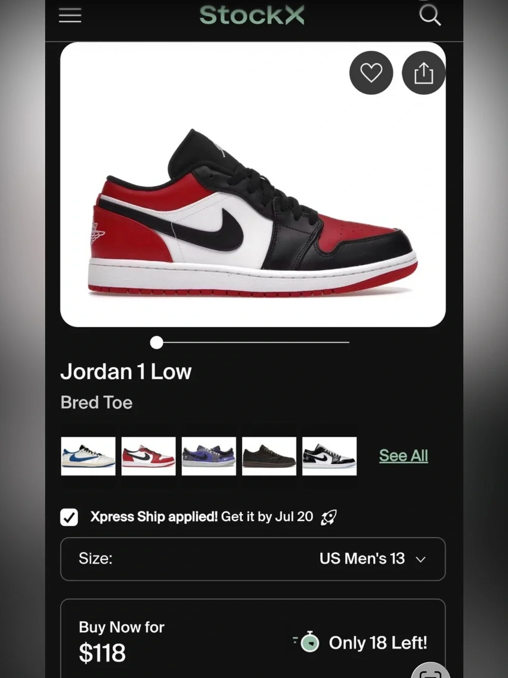 Nike Jordan 1 Low Bred toe Men’s Low-Top Sneakers - size 12